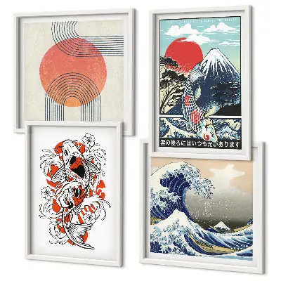 Polyptyque de 2 cadres illustrations de montagnes, de vagues et de poissons dans le style japonais