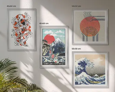 Polyptyque de 2 cadres illustrations de montagnes, de vagues et de poissons dans le style japonais