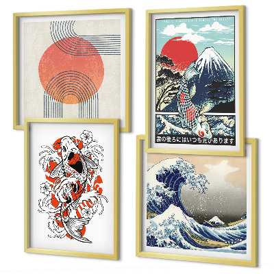 Polyptyque z cadres Illustrations de montagnes de vagues de poissons au japon