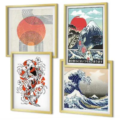 Polyptyque de 2 cadres illustrations de montagnes, de vagues et de poissons dans le style japonais
