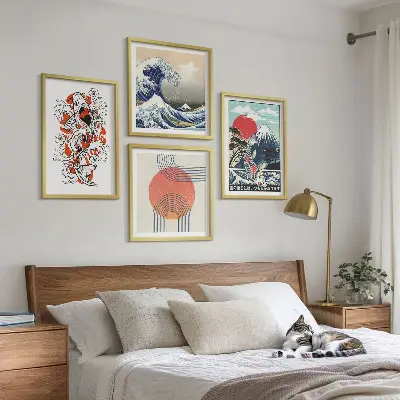 Polyptyque de 2 cadres illustrations de montagnes, de vagues et de poissons dans le style japonais