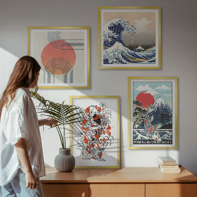 Polyptyque z cadres Illustrations de montagnes de vagues de poissons au japon