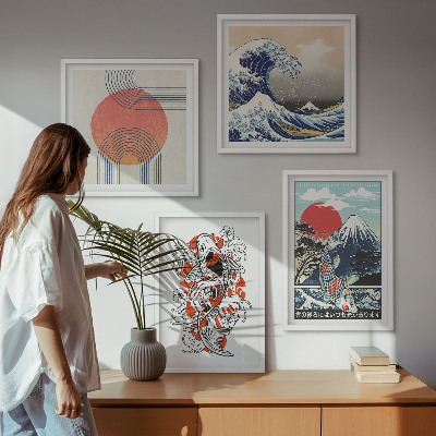 Polyptyque z cadres Illustrations de montagnes de vagues de poissons au japon