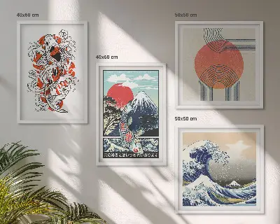 Polyptyque de 2 cadres illustrations de montagnes, de vagues et de poissons dans le style japonais