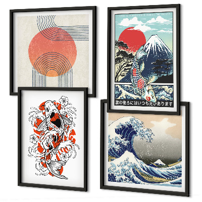 Polyptyque z cadres Illustrations de montagnes de vagues de poissons au japon