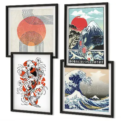 Polyptyque de 2 cadres illustrations de montagnes, de vagues et de poissons dans le style japonais