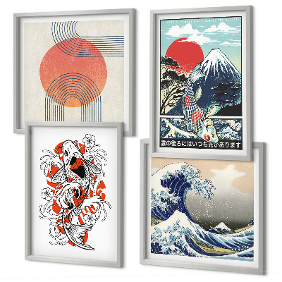 Polyptyque z cadres Illustrations de montagnes de vagues de poissons au japon