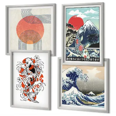 Polyptyque de 2 cadres illustrations de montagnes, de vagues et de poissons dans le style japonais