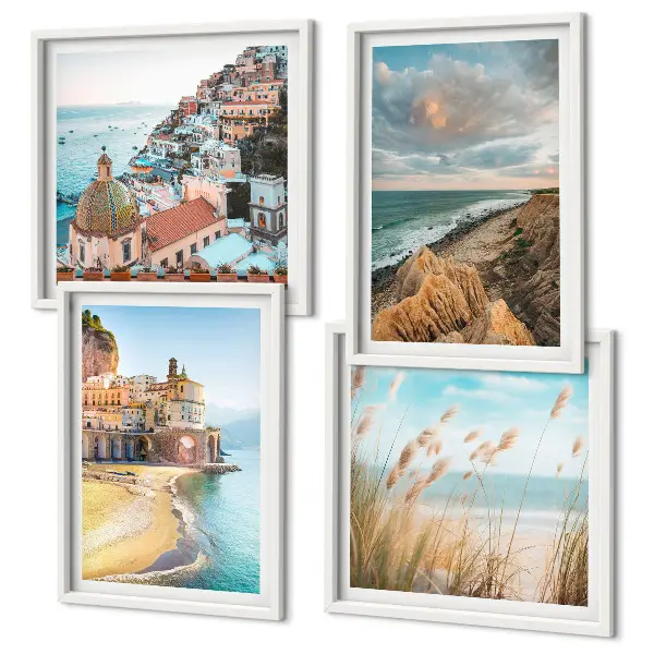 Ensemble de 4 tableaux représentant des paysages de plage, de ville et de falaises