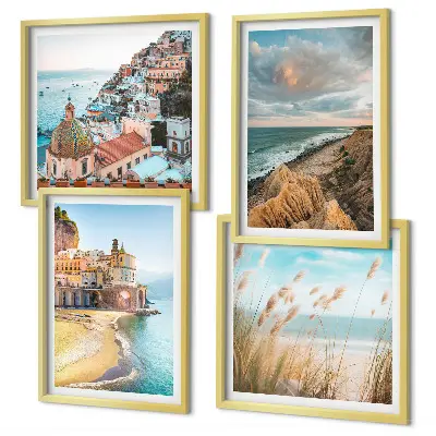 Ensemble de 4 tableaux représentant des paysages de plage, de ville et de falaises