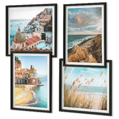 Ensemble de 4 tableaux représentant des paysages de plage, de ville et de falaises