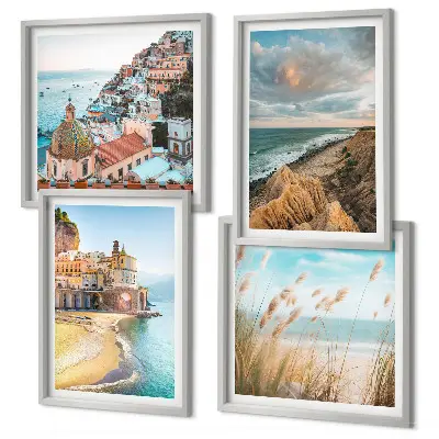Ensemble de 4 tableaux représentant des paysages de plage, de ville et de falaises