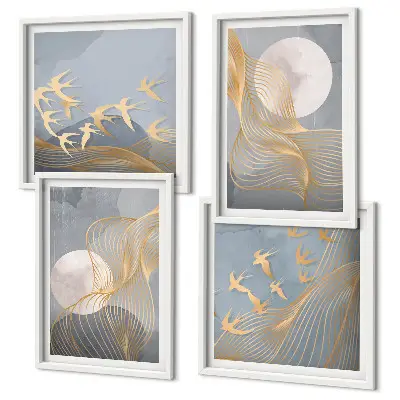 Mur de tableaux vagues abstraites et cercles gris