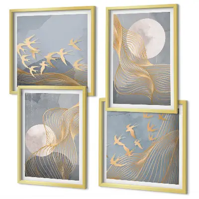 Mur de tableaux vagues abstraites et cercles gris