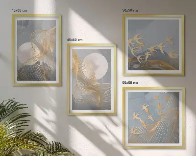 Mur de tableaux vagues abstraites et cercles gris