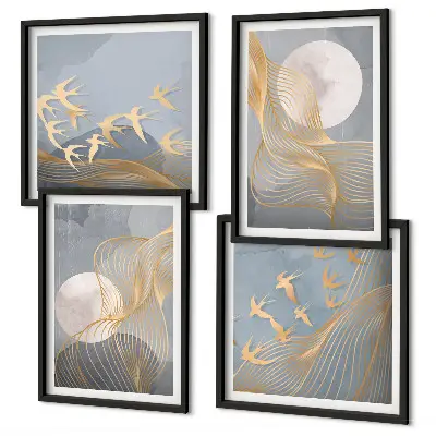 Mur de tableaux vagues abstraites et cercles gris