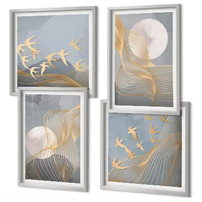 Mur de tableaux vagues abstraites et cercles gris