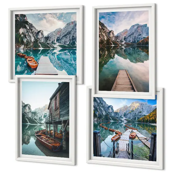 Tableau polyptyque de 4 cadres lac, montagnes et bateaux en bois