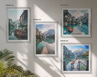 Tableau polyptyque de 4 cadres lac, montagnes et bateaux en bois