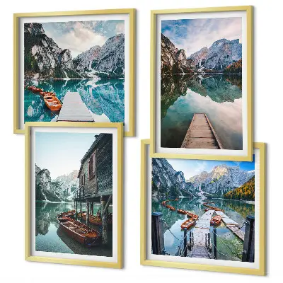 Tableau polyptyque de 4 cadres lac, montagnes et bateaux en bois