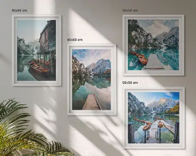 Tableau polyptyque de 4 cadres lac, montagnes et bateaux en bois