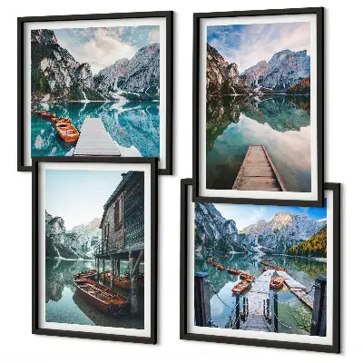 Tableau polyptyque de 4 cadres lac, montagnes et bateaux en bois