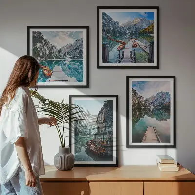 Tableau polyptyque de 4 cadres lac, montagnes et bateaux en bois