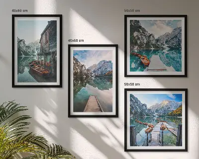 Tableau polyptyque de 4 cadres lac, montagnes et bateaux en bois