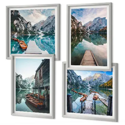 Tableau polyptyque de 4 cadres lac, montagnes et bateaux en bois