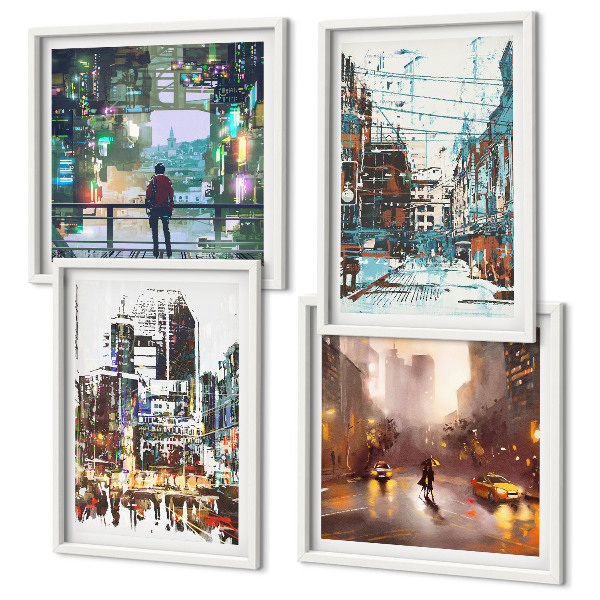 Ensemble de 4 tableaux Villes modernes et colorées avec des personnages