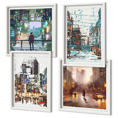 Ensemble de 4 tableaux Villes modernes et colorées avec des personnages