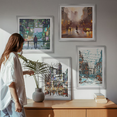 Ensemble de 4 tableaux Villes modernes et colorées avec des personnages