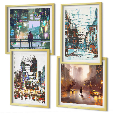 Ensemble de 4 tableaux Villes modernes et colorées avec des personnages