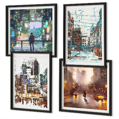 Ensemble de 4 tableaux Villes modernes et colorées avec des personnages