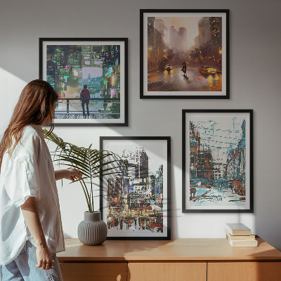 Ensemble de 4 tableaux Villes modernes et colorées avec des personnages