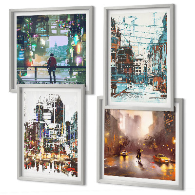 Ensemble de 4 tableaux Villes modernes et colorées avec des personnages