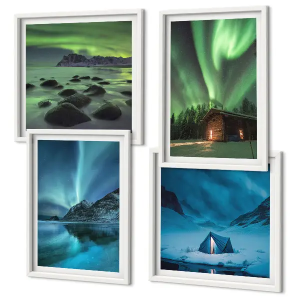 Tableau triptyque en 2 cadres paysages d'hiver avec aurores boréales