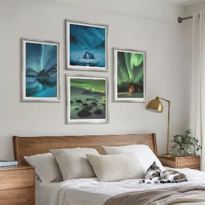 Tableau triptyque en 2 cadres paysages d'hiver avec aurores boréales