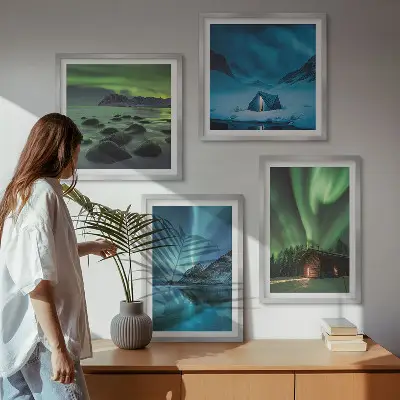Tableau triptyque en 2 cadres paysages d'hiver avec aurores boréales