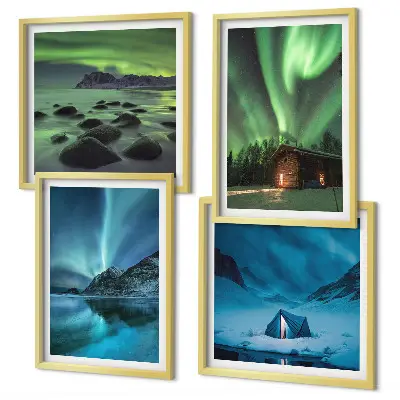 Tableau triptyque en 2 cadres paysages d'hiver avec aurores boréales