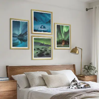 Tableau triptyque en 2 cadres paysages d'hiver avec aurores boréales