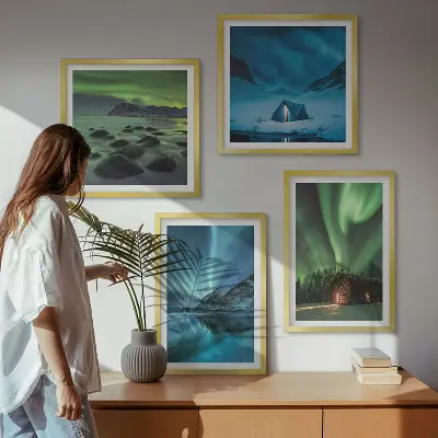 Tableau triptyque en 2 cadres paysages d'hiver avec aurores boréales