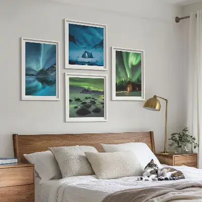 Tableau triptyque en 2 cadres paysages d'hiver avec aurores boréales