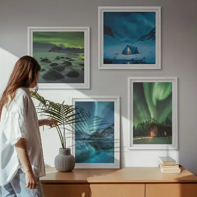 Tableau triptyque en 2 cadres paysages d'hiver avec aurores boréales