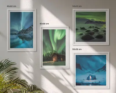 Tableau triptyque en 2 cadres paysages d'hiver avec aurores boréales