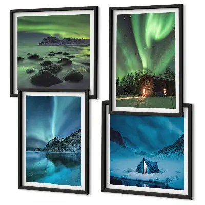 Tableau triptyque en 2 cadres paysages d'hiver avec aurores boréales