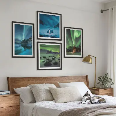 Tableau triptyque en 2 cadres paysages d'hiver avec aurores boréales