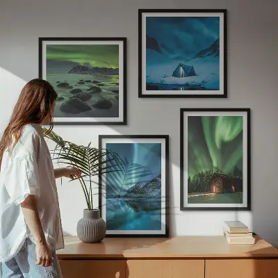 Tableau triptyque en 2 cadres paysages d'hiver avec aurores boréales