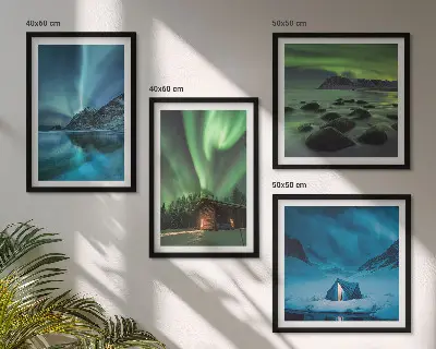 Tableau triptyque en 2 cadres paysages d'hiver avec aurores boréales