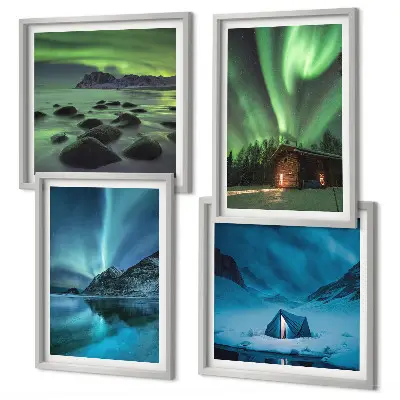 Tableau triptyque en 2 cadres paysages d'hiver avec aurores boréales